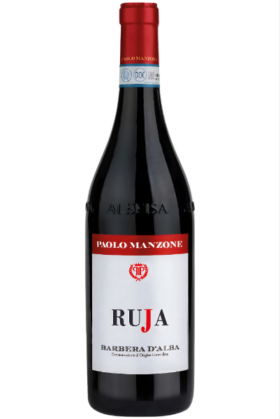 Barbera d'Alba Ruja – ein eleganter italienischer Rotwein aus dem Piemont mit tiefroter Farbe.