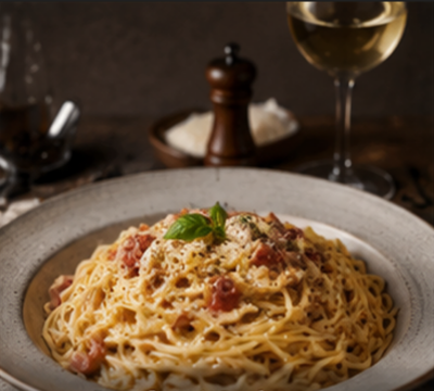 Wein zu Spaghetti Carbonara genießen